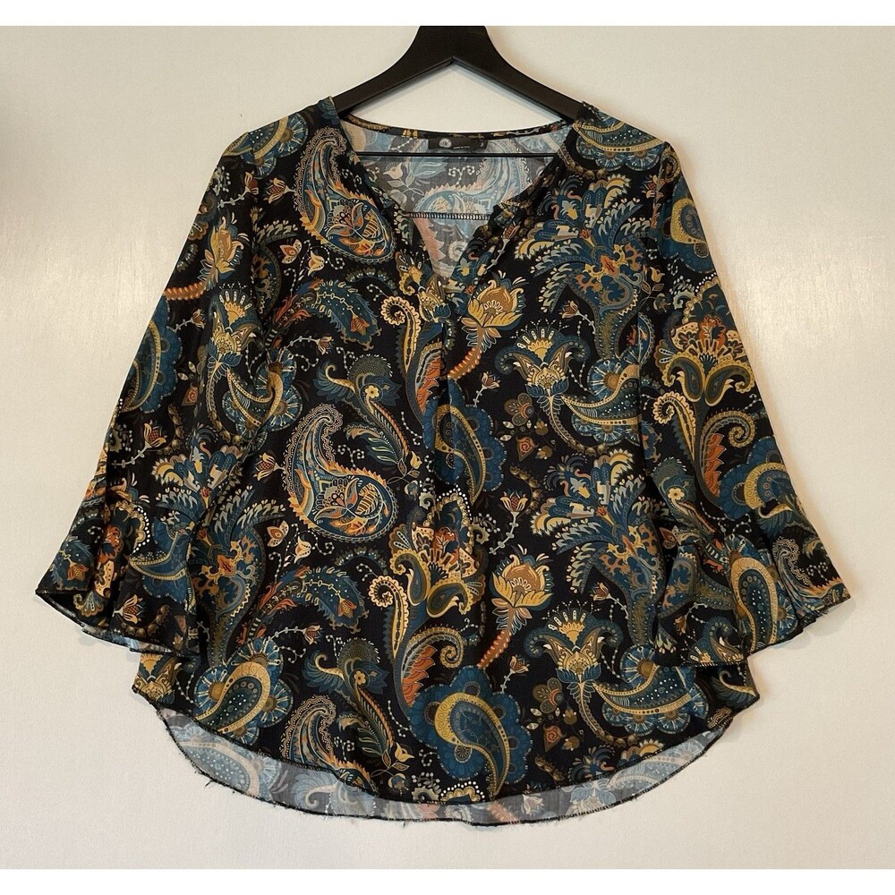 M Made In Italy 3/4 Bell Sleeve Top Medium Black Floral Paisley Boho Whimsical